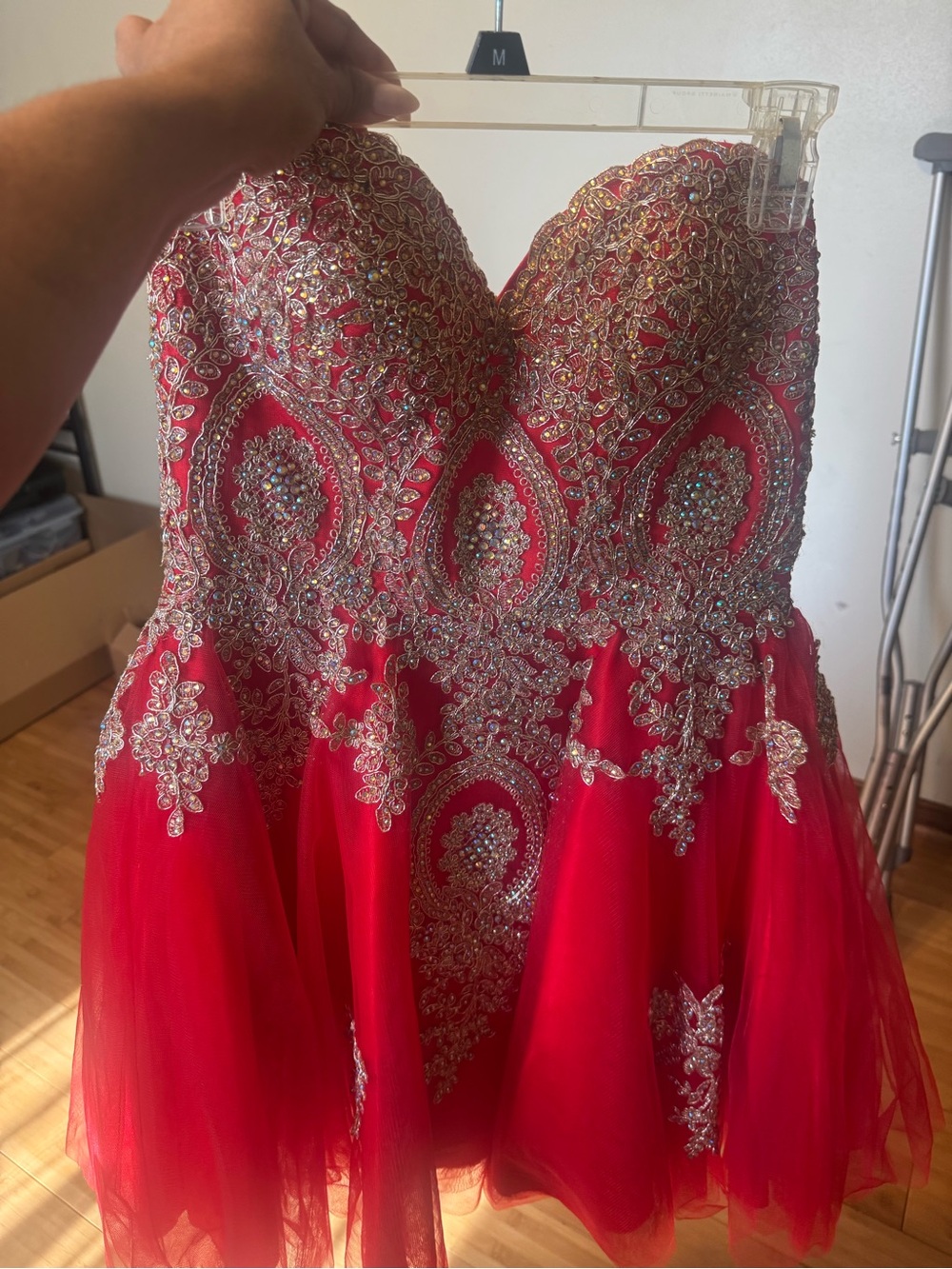 Red Embellished Strapless Party Dress